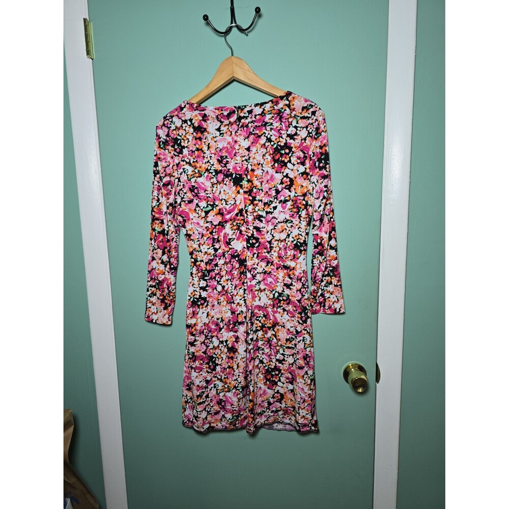 Guess Pink & Orange Floral Cocktail Dress Rutched Waist Stretch size 12 - Picture 2 of 6